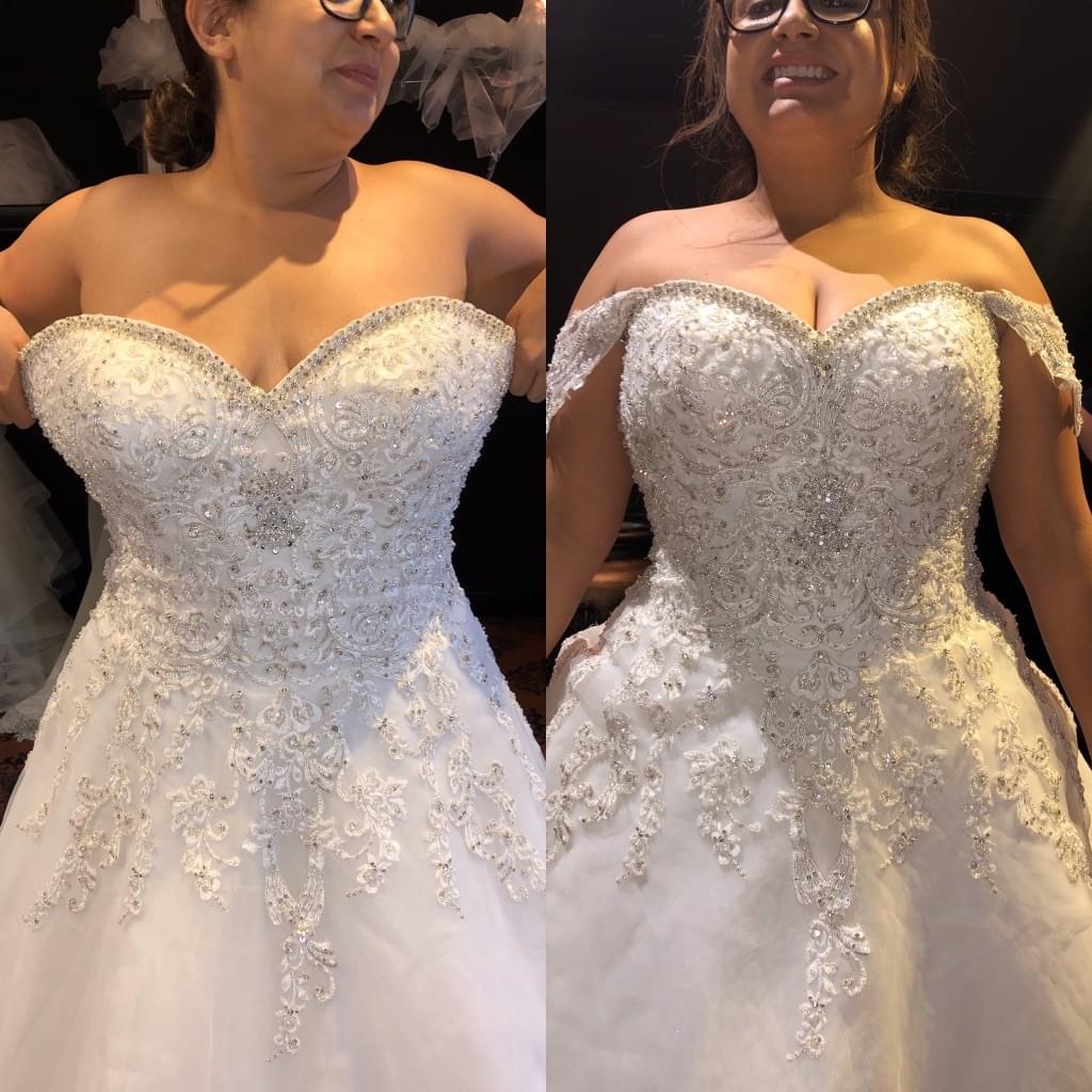 Before and after picture from wedding dress alterations all done.