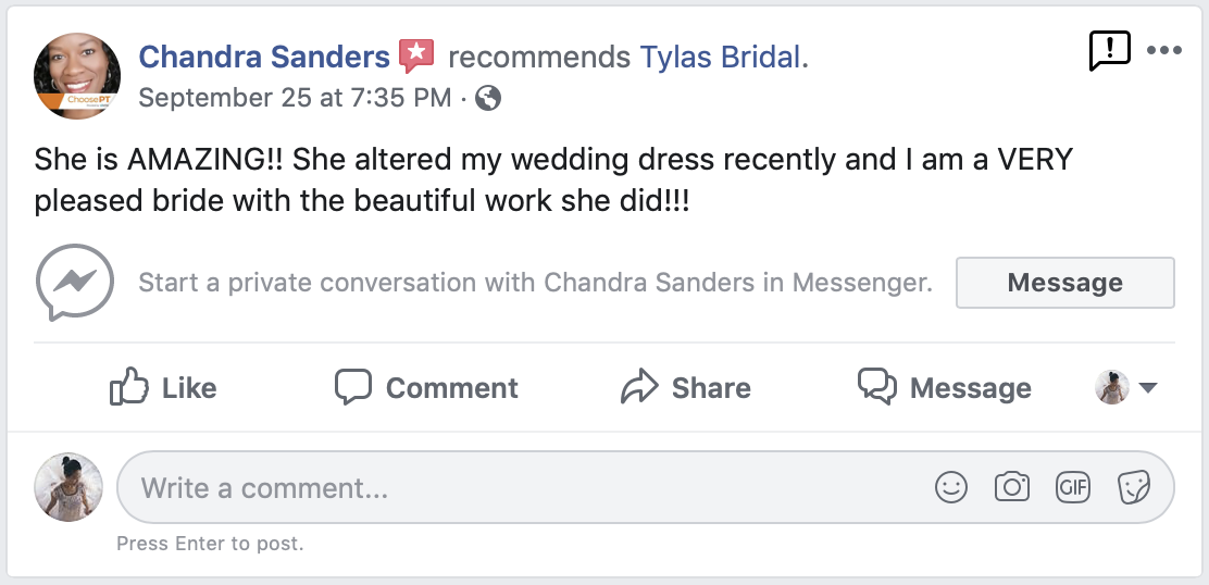 chandra left a review for tyla's bride, she details how amazing tyla is and how happy she was with her wedding dress alterations