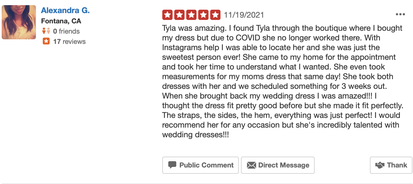 Alexandra leaving a review for tyla's bride, and how amazing her wedding dress alterations turned out