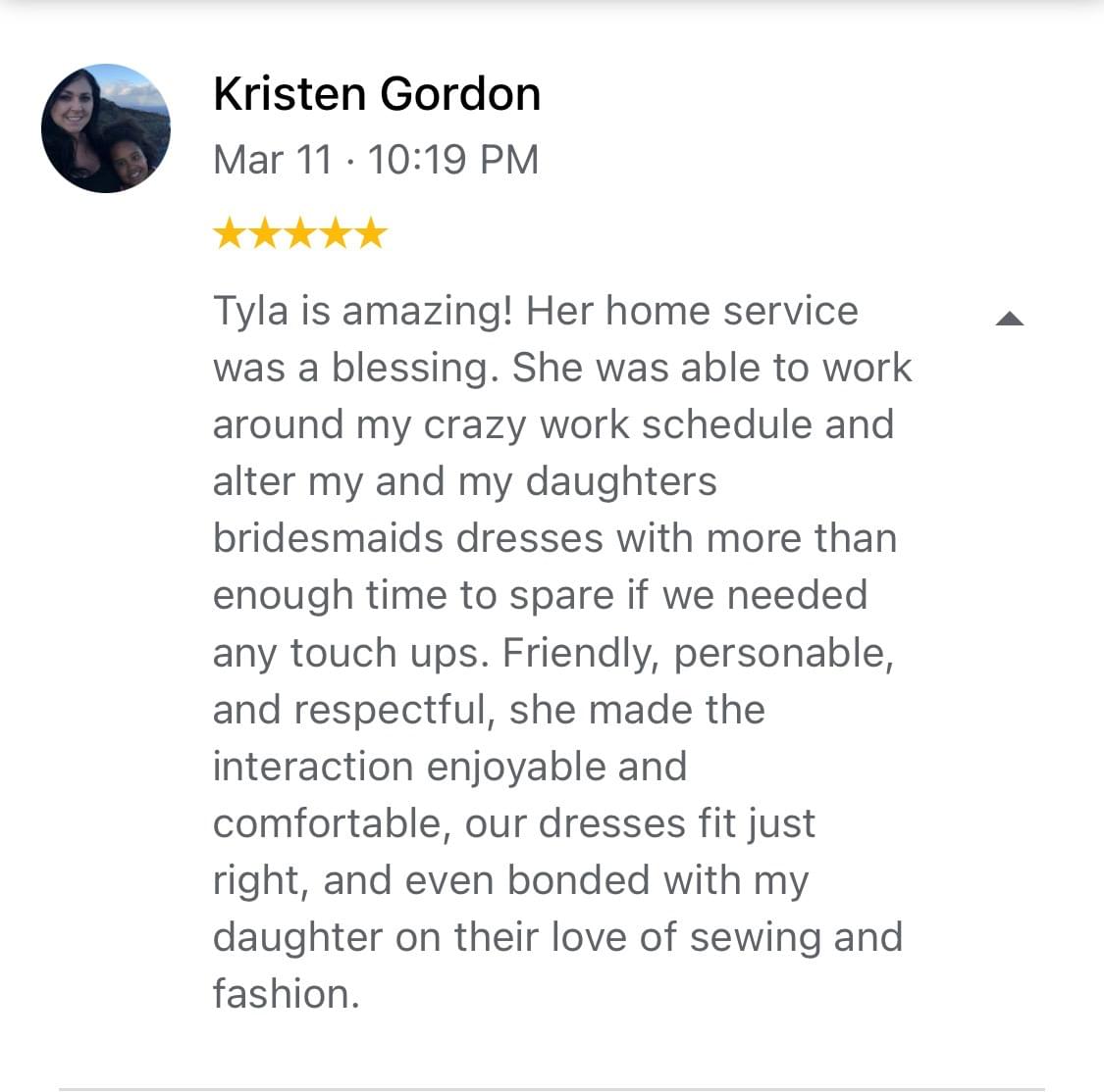 Google review by Kristen, one of tylas bride. She was so happy and grateful for tyla.