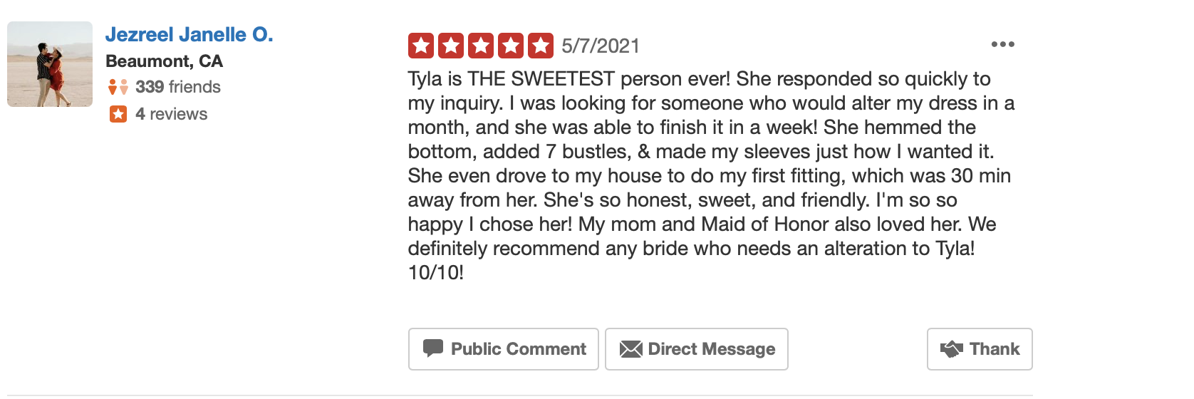 jezreel, left a review for tyla's bride, and how she got exactly what she wanted with her wedding dress alterations.