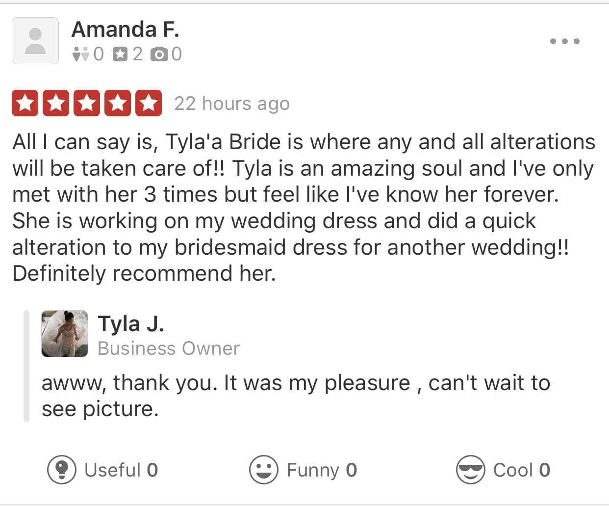 Amanda left a review for tyla's bride and how all her wedding dress alterations were taken care of