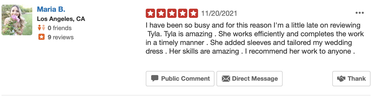 Maria left a review on the work done for her wedding dress, and how the alterations turned out amazing