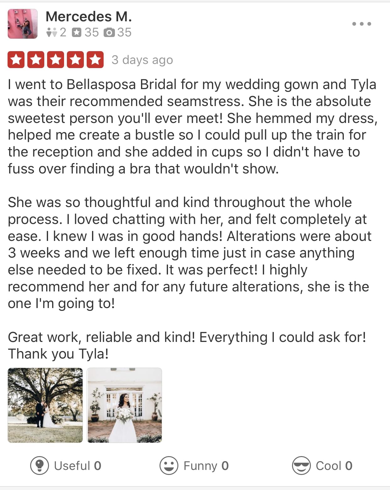 Mercedes left a review for tyla's bride, and how she got her dress from bellasposa bridal and got her wedding dress alteration with tyla's bride. She was very happy with the results.