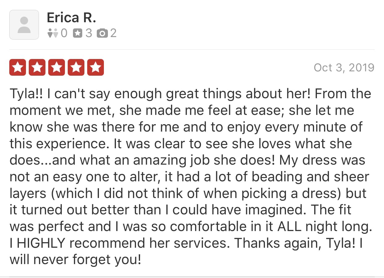 Erica left a review for tyla's bride and tyla did amazing with her wedding dress alterations