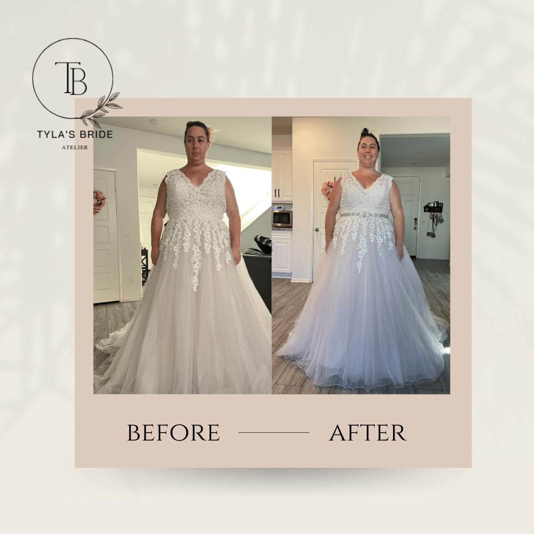 Before and after look on a wedding dress alterations for a bride